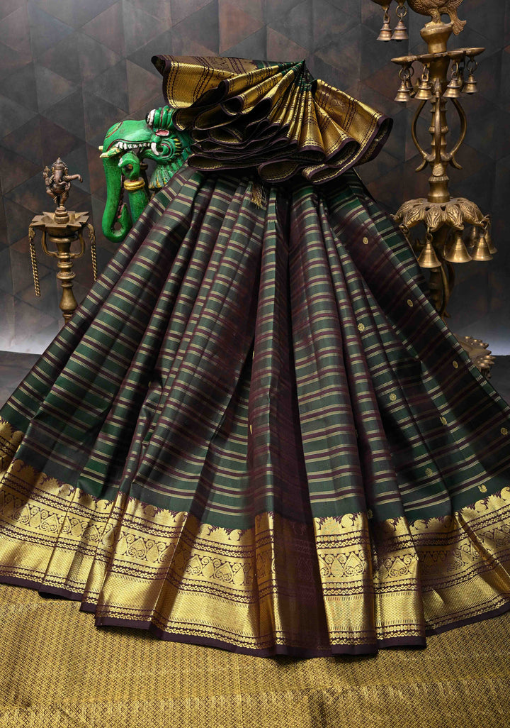 Green Pure Kanjivaram Silk Saree with Zari Horizontal Pattern with Zari Buttis and Border | SILK MARK CERTIFIED