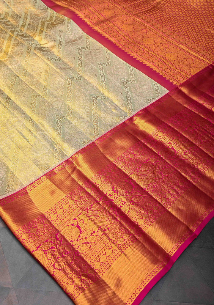 Mint Green Tissue Kanjivaram Silk Saree with Meenakari Floral Leheria Design and Contrast Zari Border | SILK MARK CERTIFIED