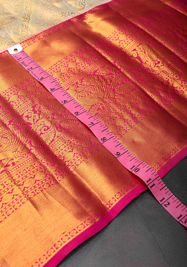 Mint Green Tissue Kanjivaram Silk Saree with Meenakari Floral Leheria Design and Contrast Zari Border | SILK MARK CERTIFIED