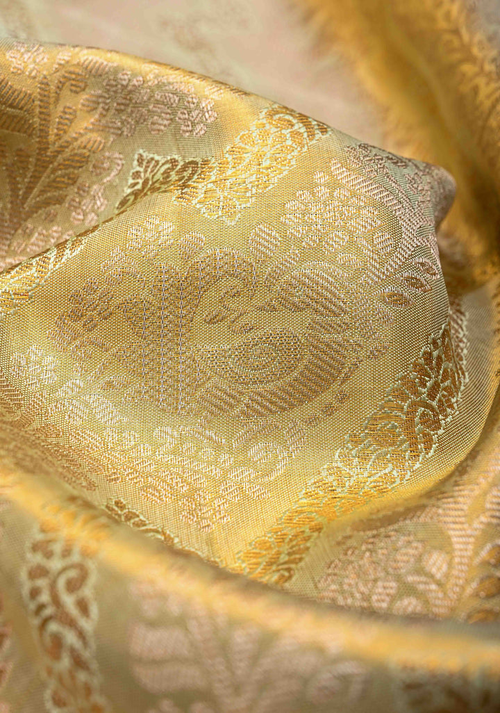 Mint Green Tissue Kanjivaram Silk Saree with Meenakari Floral Leheria Design and Contrast Zari Border | SILK MARK CERTIFIED