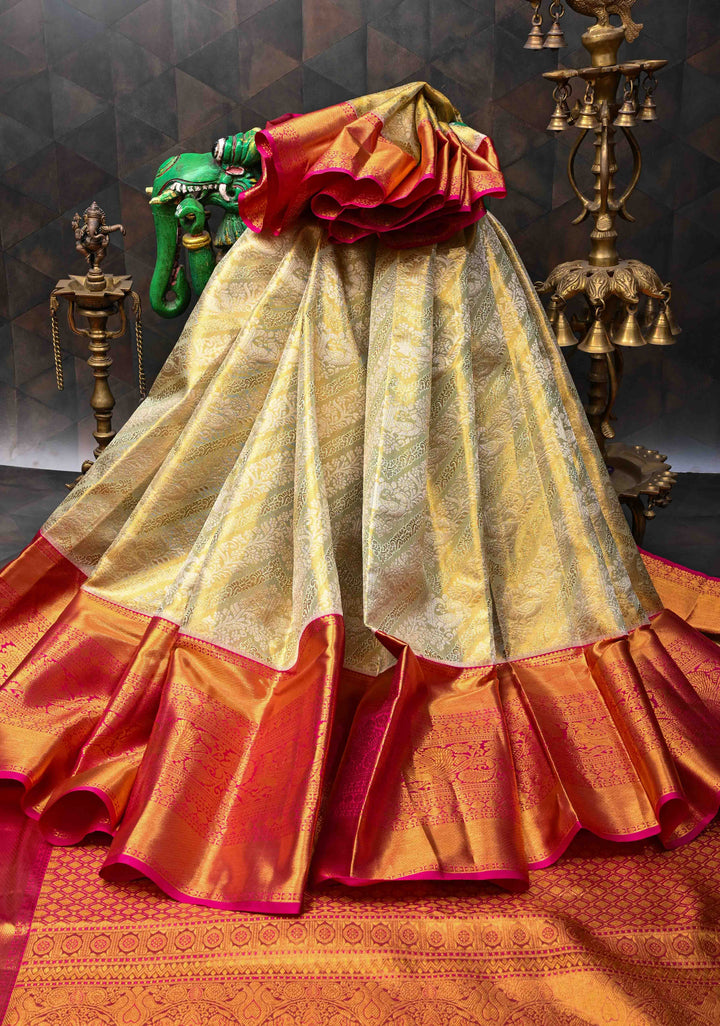 Mint Green Tissue Kanjivaram Silk Saree with Meenakari Floral Leheria Design and Contrast Zari Border | SILK MARK CERTIFIED