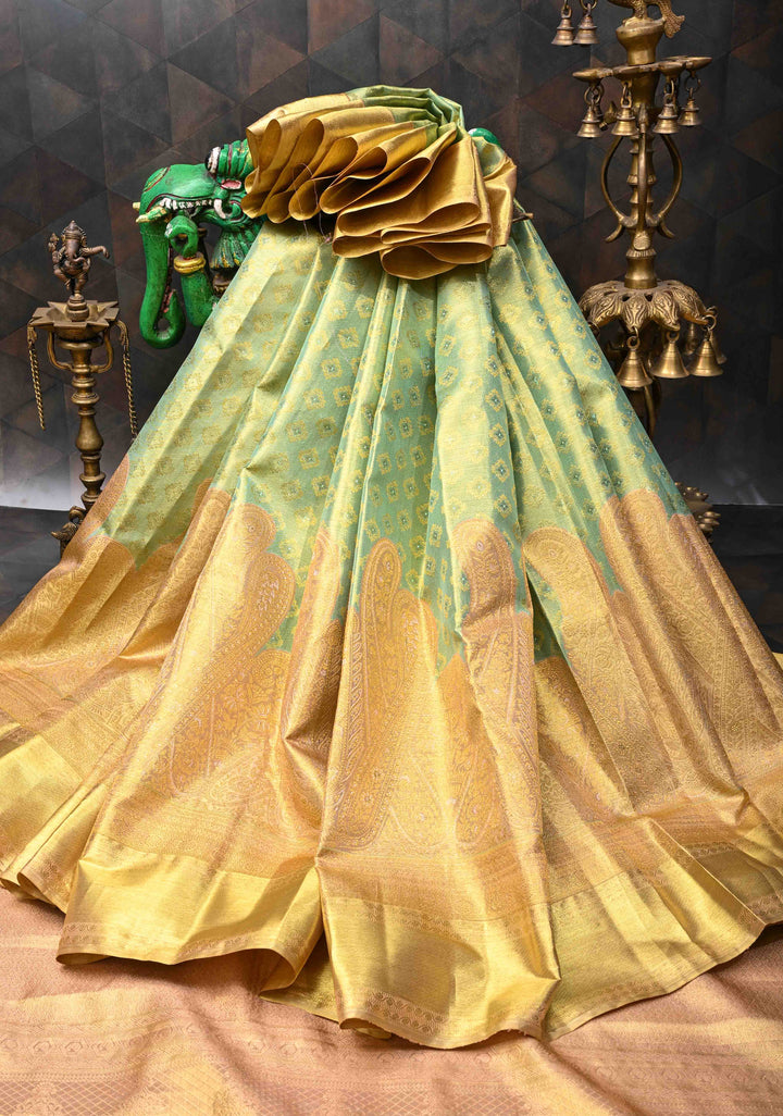 Meenakari Tissue Brocade Kanjivaram Pure Silk Saree in Tea Green with Zari Border | SILK MARK CERTIFIED