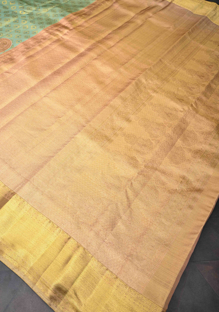 Meenakari Tissue Brocade Kanjivaram Pure Silk Saree in Tea Green with Zari Border | SILK MARK CERTIFIED