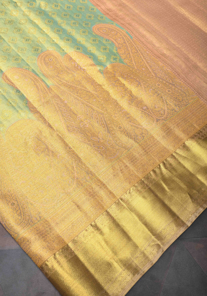 Meenakari Tissue Brocade Kanjivaram Pure Silk Saree in Tea Green with Zari Border | SILK MARK CERTIFIED