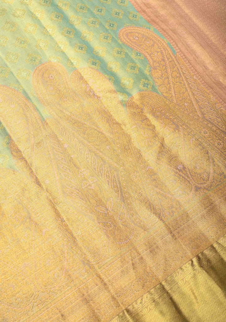 Meenakari Tissue Brocade Kanjivaram Pure Silk Saree in Tea Green with Zari Border | SILK MARK CERTIFIED