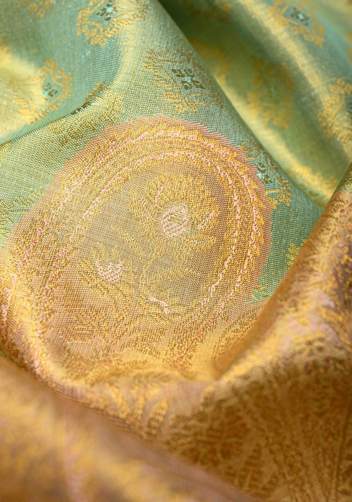 Meenakari Tissue Brocade Kanjivaram Pure Silk Saree in Tea Green with Zari Border | SILK MARK CERTIFIED