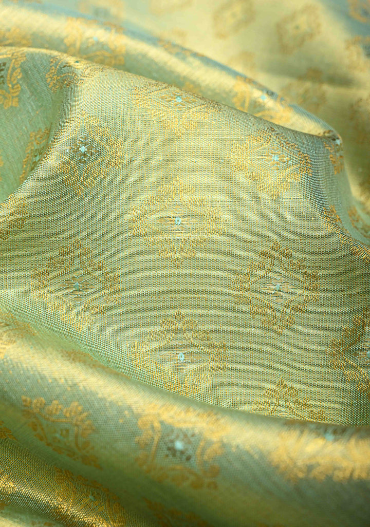 Meenakari Tissue Brocade Kanjivaram Pure Silk Saree in Tea Green with Zari Border | SILK MARK CERTIFIED