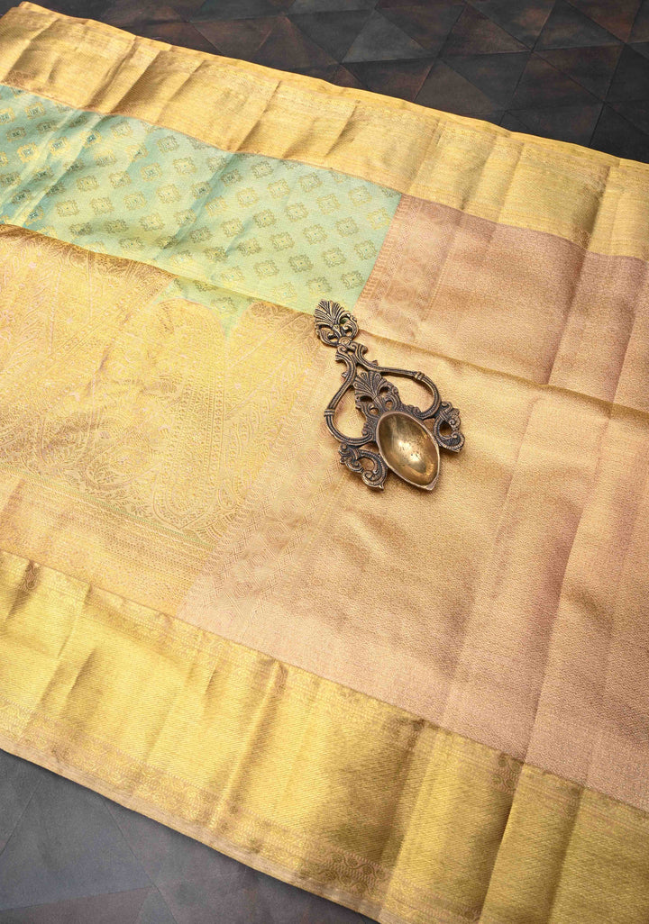 Meenakari Tissue Brocade Kanjivaram Pure Silk Saree in Tea Green with Zari Border | SILK MARK CERTIFIED