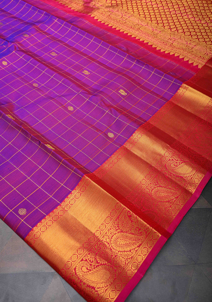 Purple Dual tone Zari Checks Kanjivaram Silk Saree with Zari Buttis and Contrast Zari Border | SILK MARK CERTIFIED