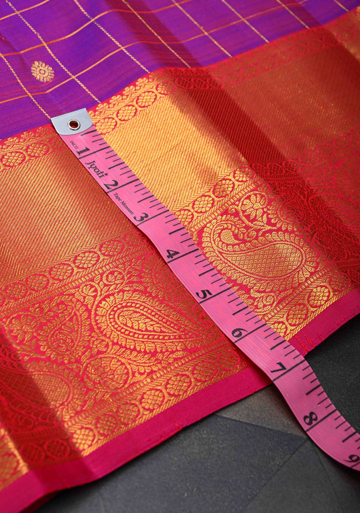 Purple Dual tone Zari Checks Kanjivaram Silk Saree with Zari Buttis and Contrast Zari Border | SILK MARK CERTIFIED