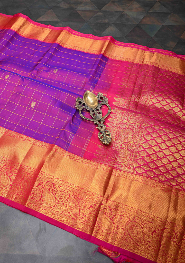 Purple Dual tone Zari Checks Kanjivaram Silk Saree with Zari Buttis and Contrast Zari Border | SILK MARK CERTIFIED