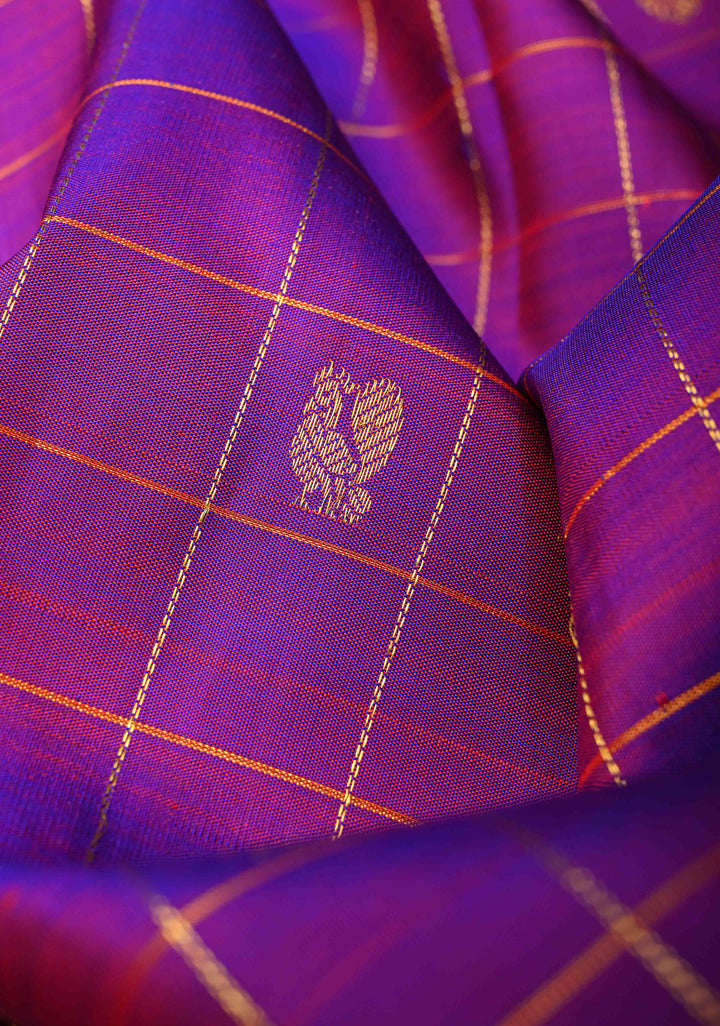 Purple Dual tone Zari Checks Kanjivaram Silk Saree with Zari Buttis and Contrast Zari Border | SILK MARK CERTIFIED