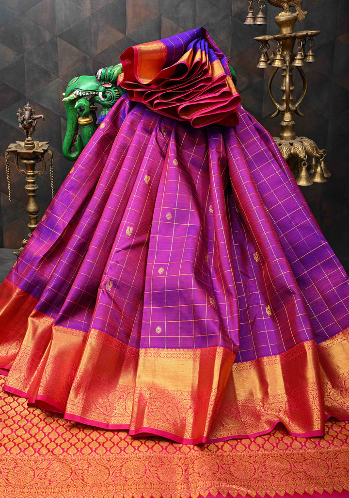 Purple Dual tone Zari Checks Kanjivaram Silk Saree with Zari Buttis and Contrast Zari Border | SILK MARK CERTIFIED