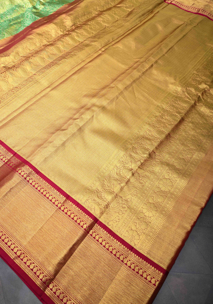 Green Kanjivaram Tissue Silk Saree with Meenakari Floral Brocade Jaal and Contrast Zari Border | SILK MARK CERTIFIED