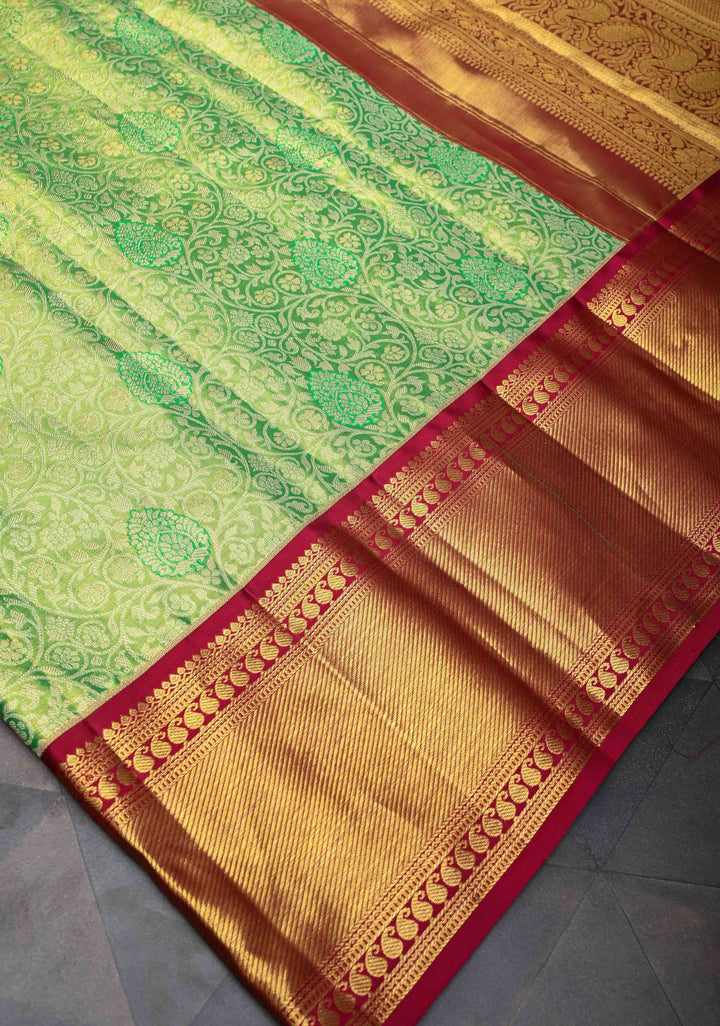 Green Kanjivaram Tissue Silk Saree with Meenakari Floral Brocade Jaal and Contrast Zari Border | SILK MARK CERTIFIED