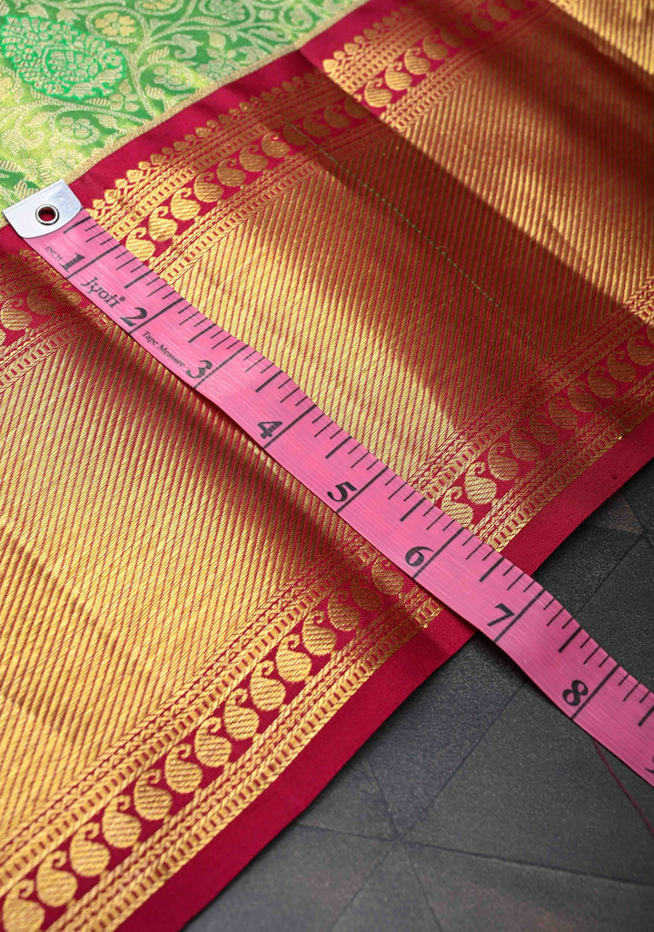 Green Kanjivaram Tissue Silk Saree with Meenakari Floral Brocade Jaal and Contrast Zari Border | SILK MARK CERTIFIED