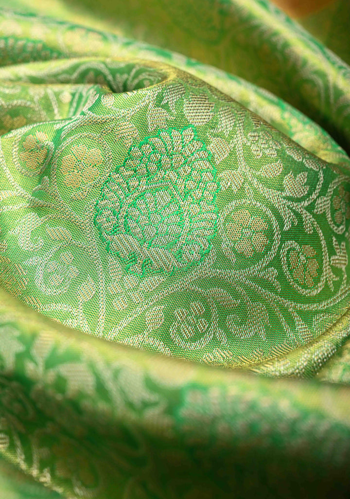 Green Kanjivaram Tissue Silk Saree with Meenakari Floral Brocade Jaal and Contrast Zari Border | SILK MARK CERTIFIED