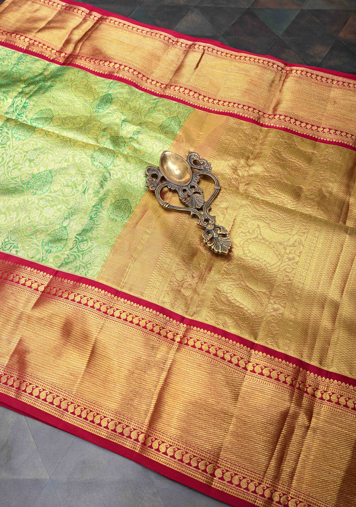 Green Kanjivaram Tissue Silk Saree with Meenakari Floral Brocade Jaal and Contrast Zari Border | SILK MARK CERTIFIED