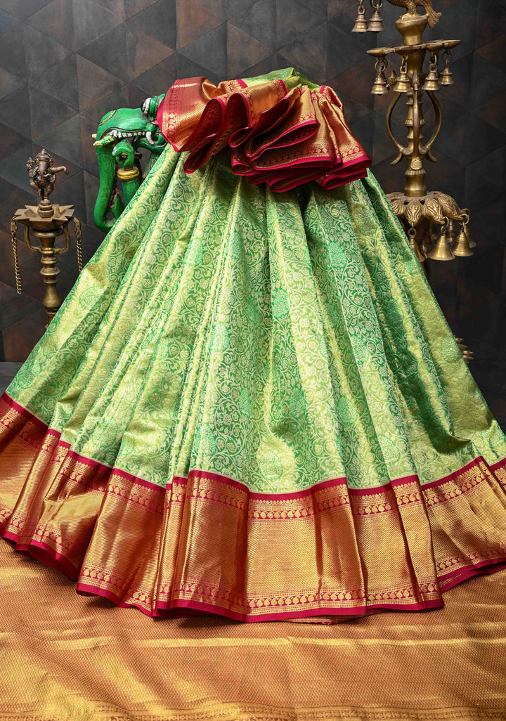 Green Kanjivaram Tissue Silk Saree with Meenakari Floral Brocade Jaal and Contrast Zari Border | SILK MARK CERTIFIED