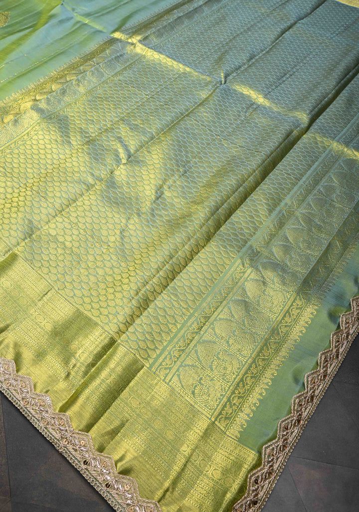 Sage Green Dual tone Kanjivaram Silk Saree with Zari Buttas and Lace Zari Border | SILK MARK CERTIFIED