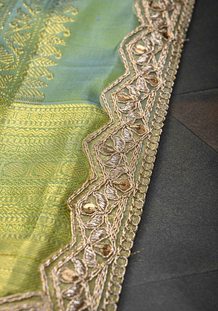 Sage Green Dual tone Kanjivaram Silk Saree with Zari Buttas and Lace Zari Border | SILK MARK CERTIFIED