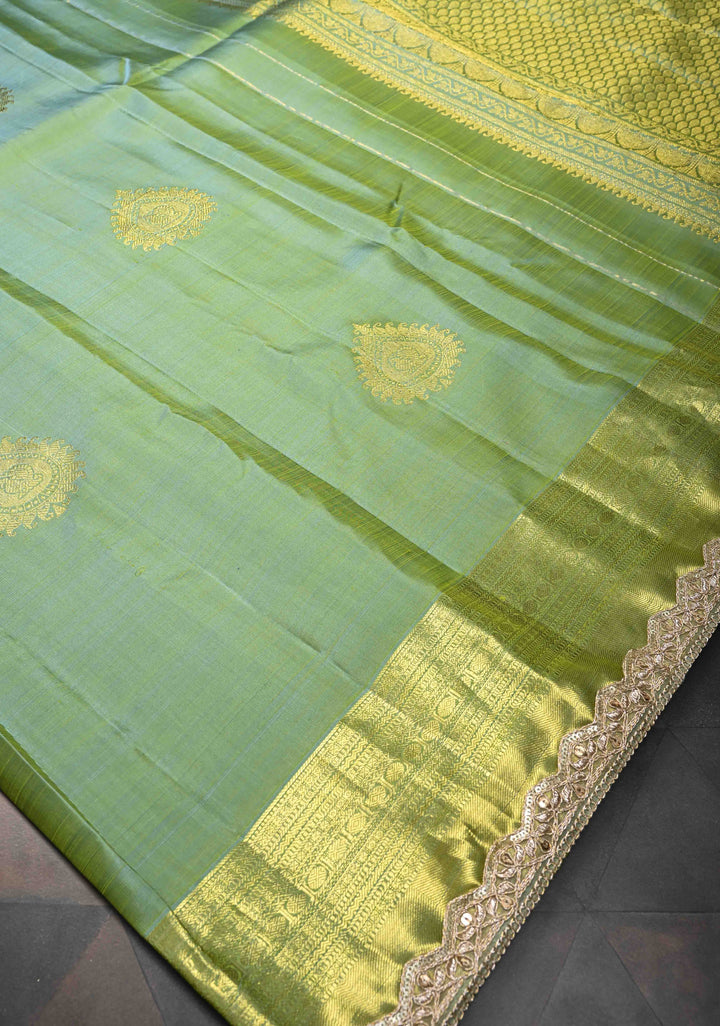 Sage Green Dual tone Kanjivaram Silk Saree with Zari Buttas and Lace Zari Border | SILK MARK CERTIFIED