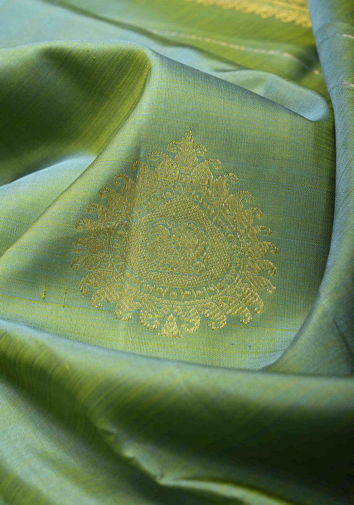 Sage Green Dual tone Kanjivaram Silk Saree with Zari Buttas and Lace Zari Border | SILK MARK CERTIFIED