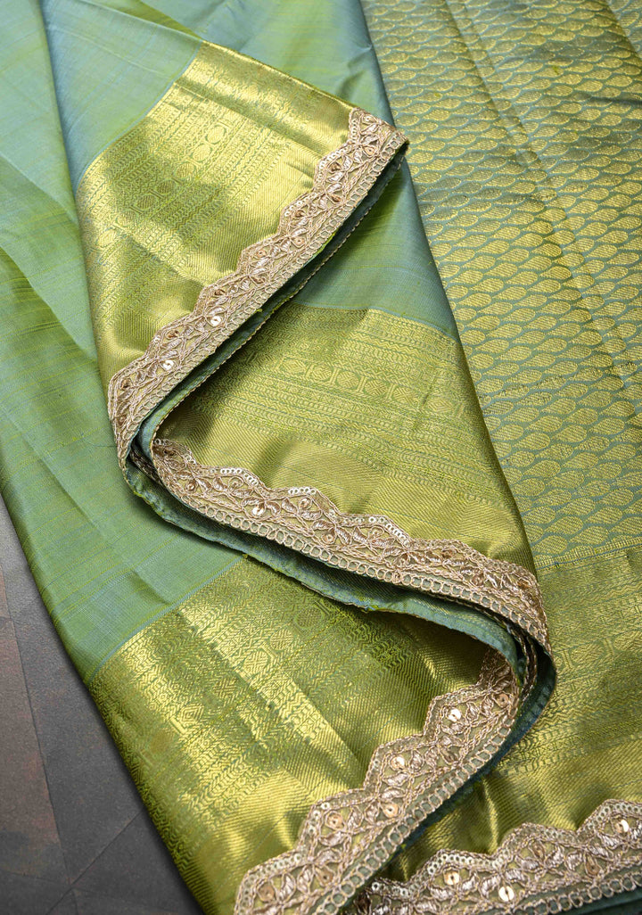 Sage Green Dual tone Kanjivaram Silk Saree with Zari Buttas and Lace Zari Border | SILK MARK CERTIFIED