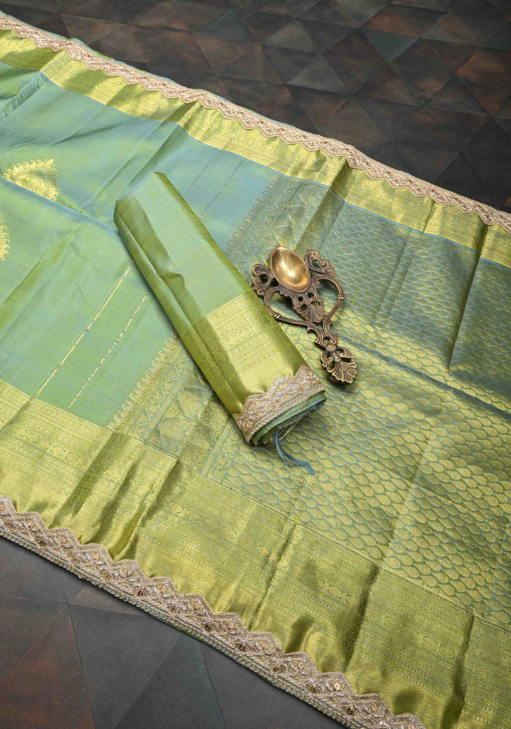 Sage Green Dual tone Kanjivaram Silk Saree with Zari Buttas and Lace Zari Border | SILK MARK CERTIFIED