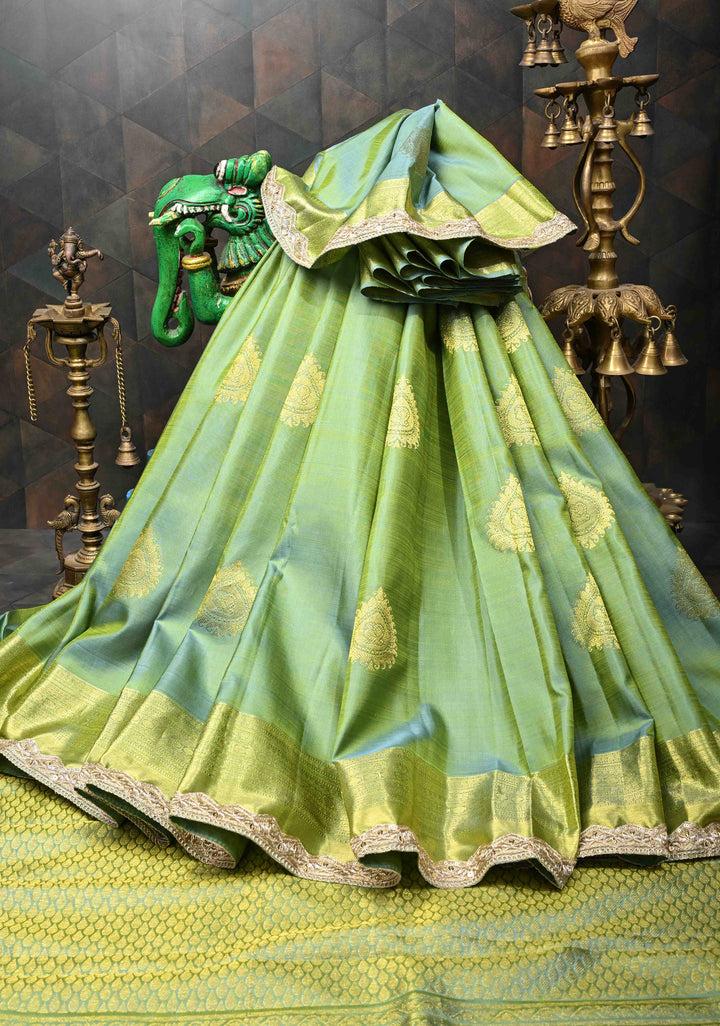 Sage Green Dual tone Kanjivaram Silk Saree with Zari Buttas and Lace Zari Border | SILK MARK CERTIFIED