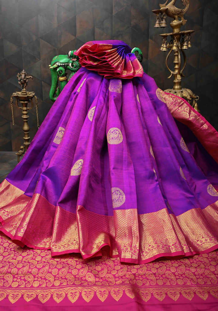 Purple Dual tone Kanjivaram Silk Saree with Deer Motifs and Contrast Zari Border | SILK MARK CERTIFIED