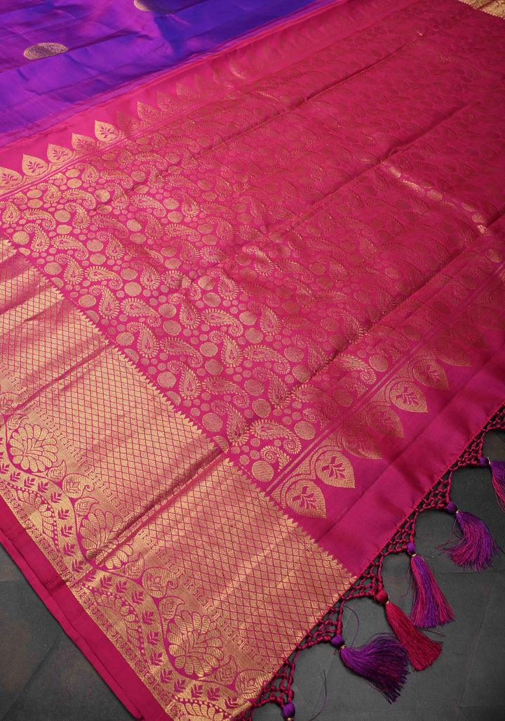 Purple Dual tone Kanjivaram Silk Saree with Deer Motifs and Contrast Zari Border | SILK MARK CERTIFIED