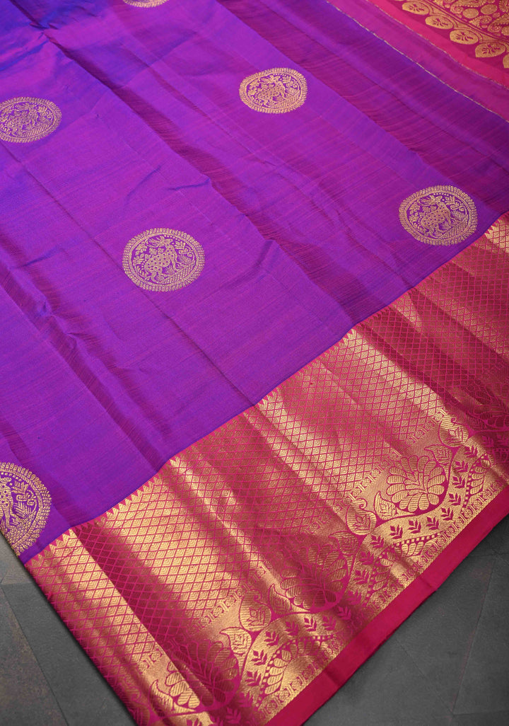 Purple Dual tone Kanjivaram Silk Saree with Deer Motifs and Contrast Zari Border | SILK MARK CERTIFIED