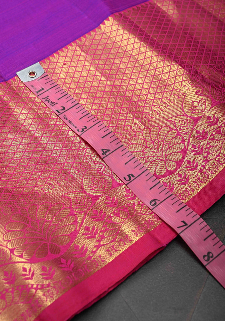 Purple Dual tone Kanjivaram Silk Saree with Deer Motifs and Contrast Zari Border | SILK MARK CERTIFIED
