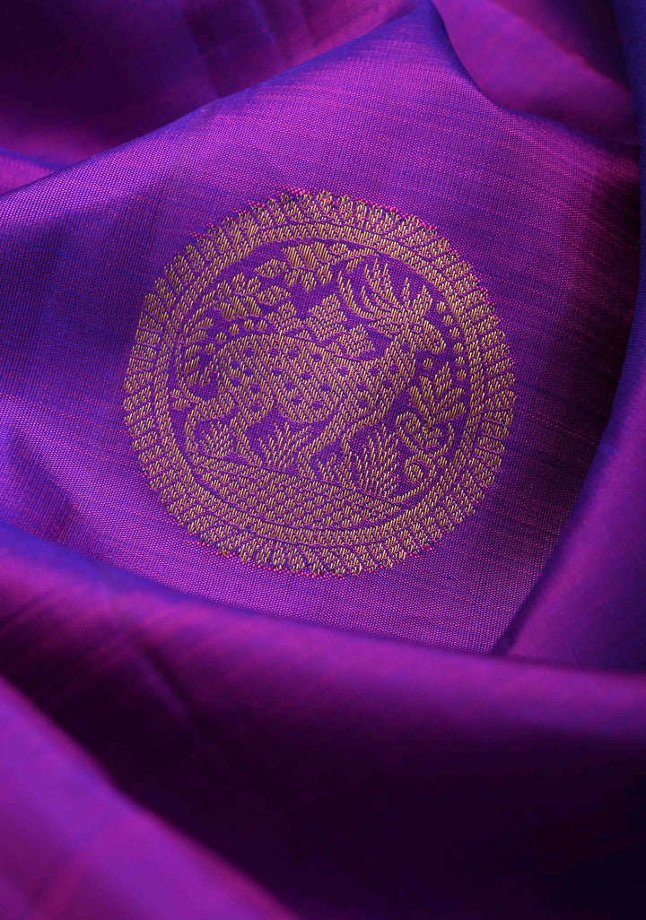 Purple Dual tone Kanjivaram Silk Saree with Deer Motifs and Contrast Zari Border | SILK MARK CERTIFIED