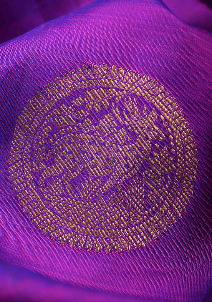 Purple Dual tone Kanjivaram Silk Saree with Deer Motifs and Contrast Zari Border | SILK MARK CERTIFIED