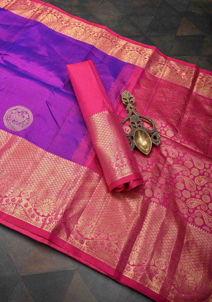 Purple Dual tone Kanjivaram Silk Saree with Deer Motifs and Contrast Zari Border | SILK MARK CERTIFIED