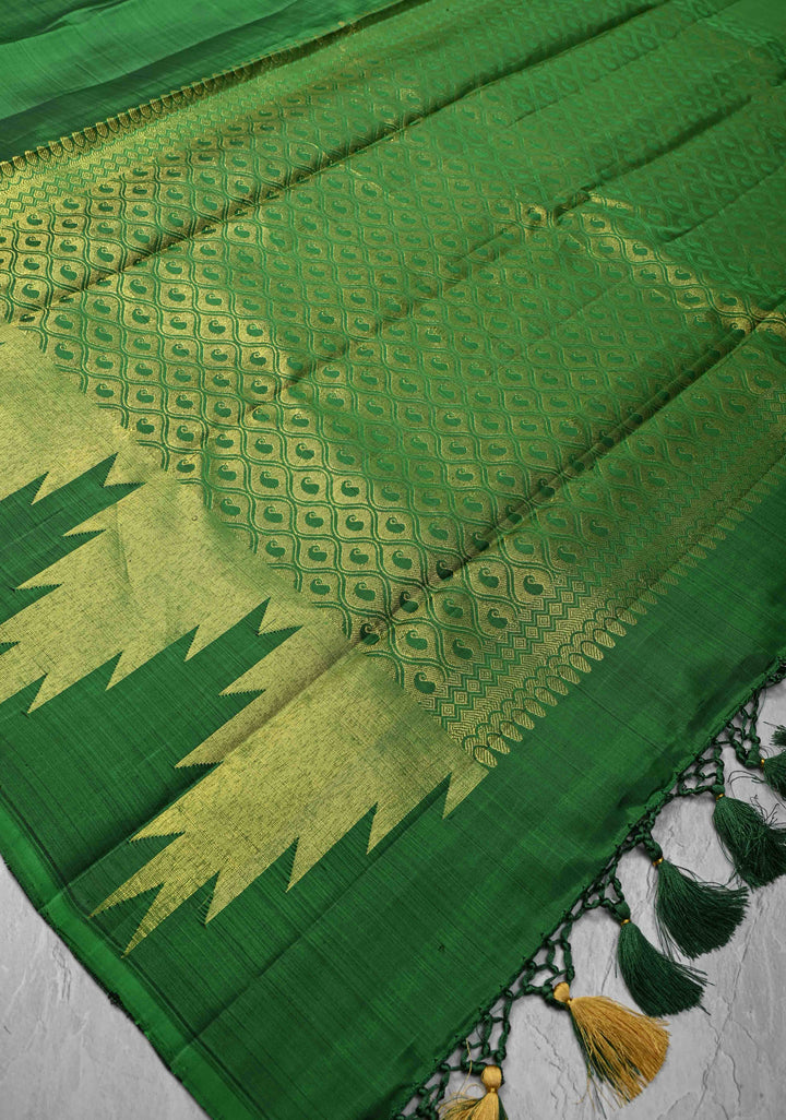 Green Kanjivaram Silk Saree with Temple Zari Border | SILK MARK CERTIFIED