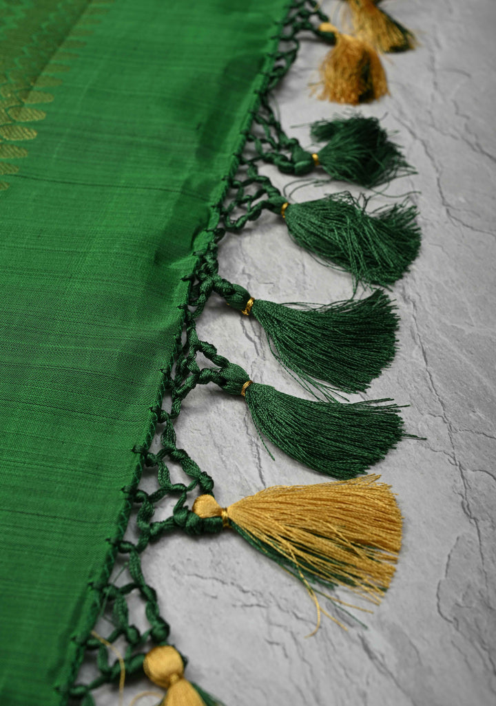 Green Kanjivaram Silk Saree with Temple Zari Border | SILK MARK CERTIFIED
