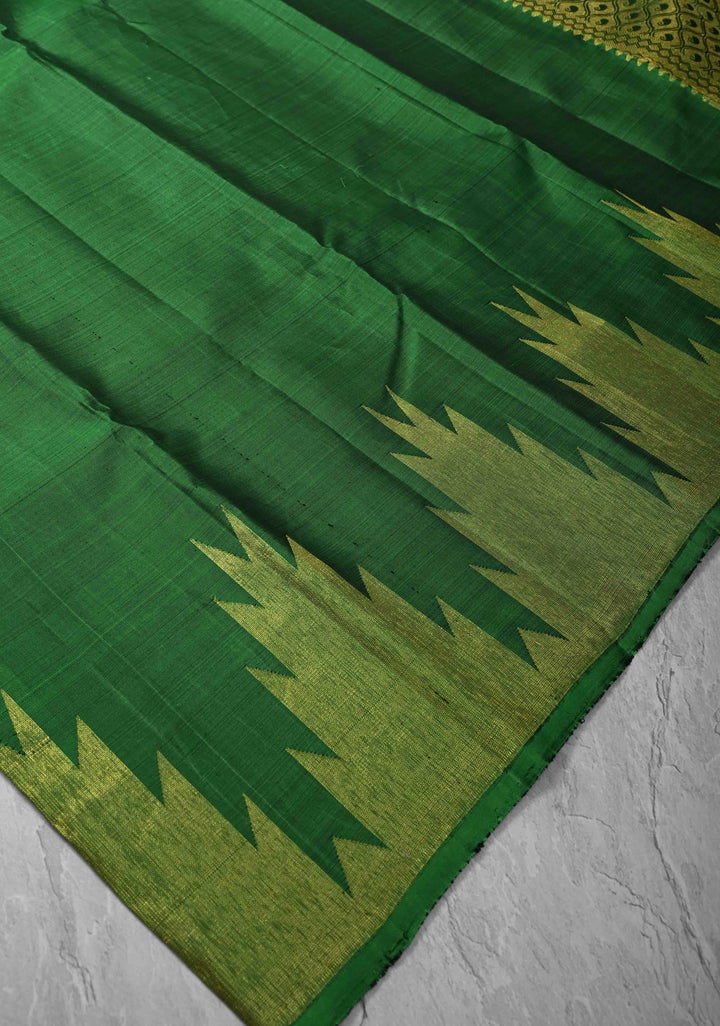 Green Kanjivaram Silk Saree with Temple Zari Border | SILK MARK CERTIFIED