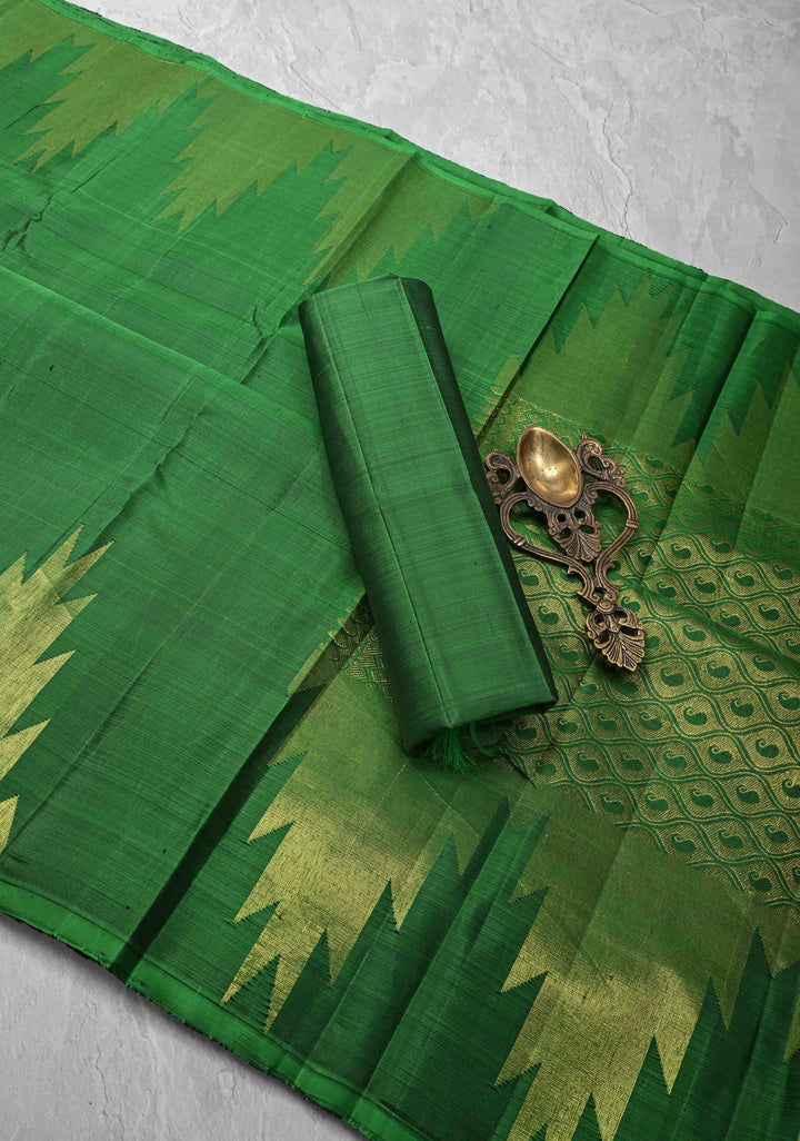 Green Kanjivaram Silk Saree with Temple Zari Border | SILK MARK CERTIFIED