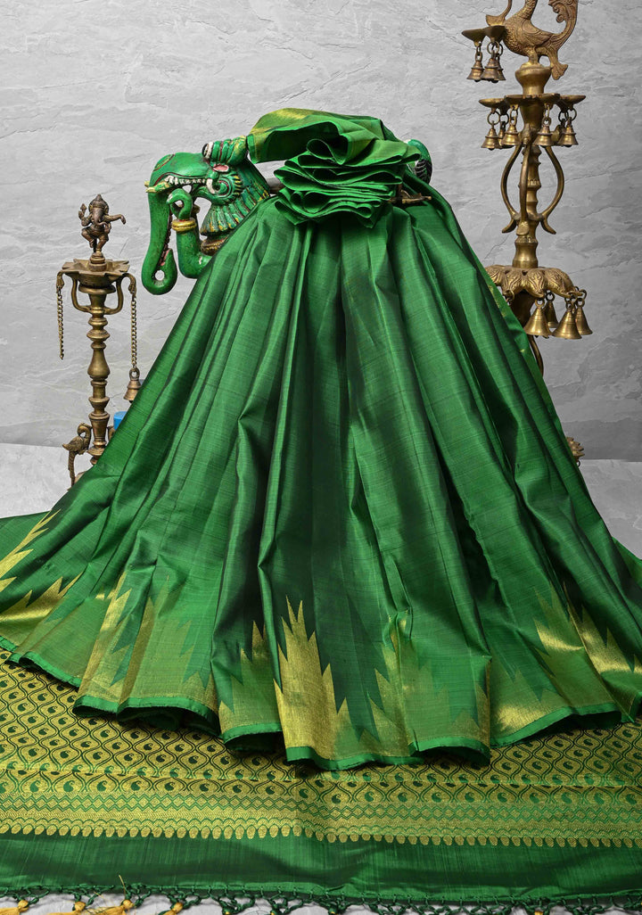 Green Kanjivaram Silk Saree with Temple Zari Border | SILK MARK CERTIFIED