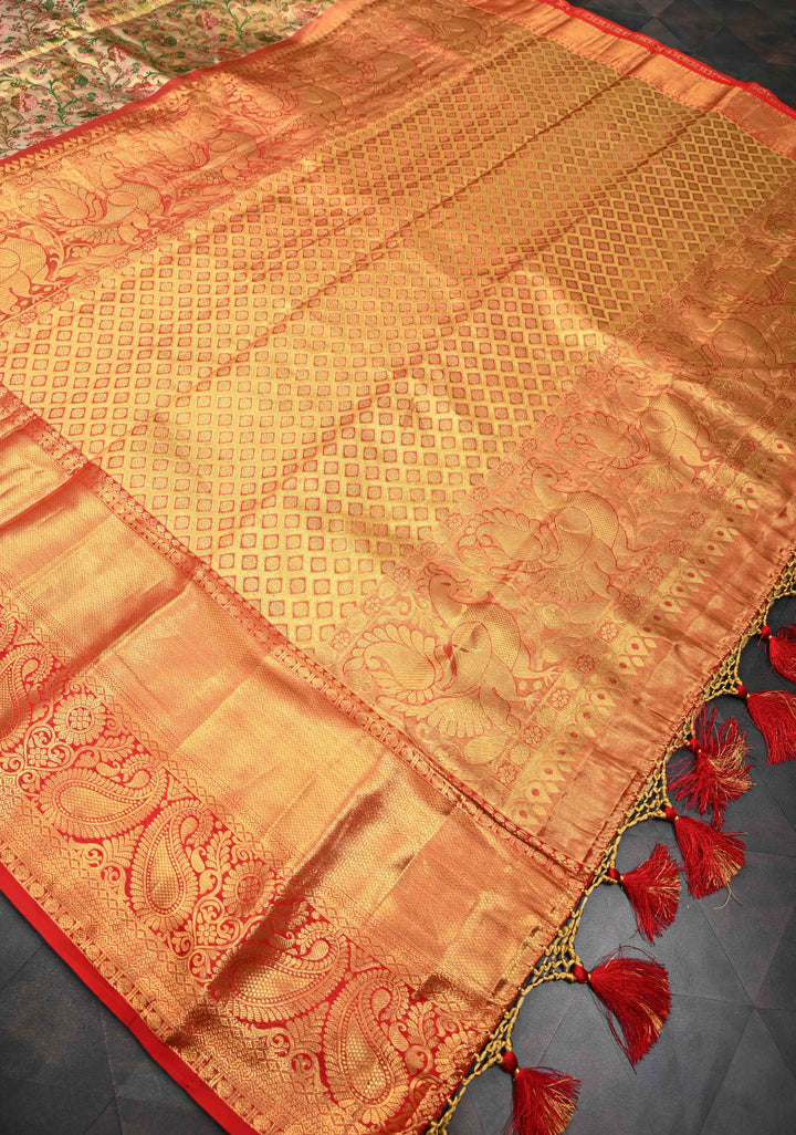 Gold Kanjivaram Tissue Silk Saree with Meenakari Floral Brocade Jaal and Contrast Zari Border | SILK MARK CERTIFIED