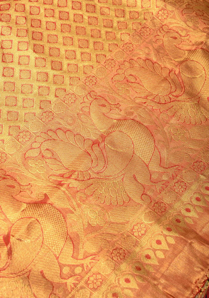 Gold Kanjivaram Tissue Silk Saree with Meenakari Floral Brocade Jaal and Contrast Zari Border | SILK MARK CERTIFIED