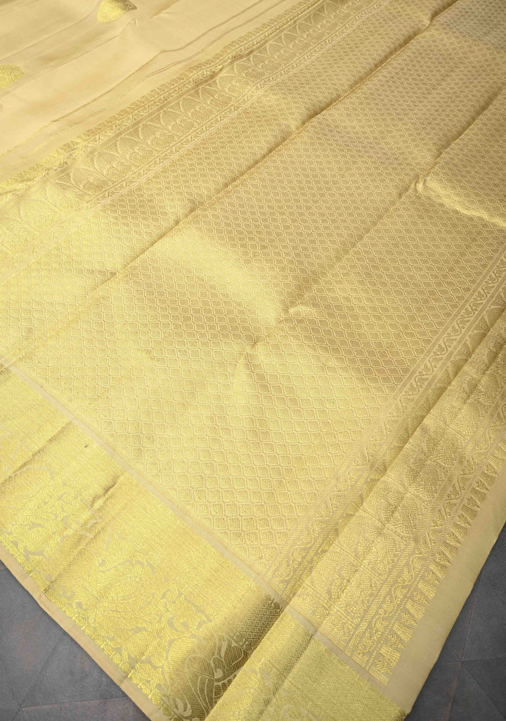 Beige Kanjivaram Pure Silk Saree With Peacock Distinct Motifs And Zari Border | SILK MARK CERTIFIED