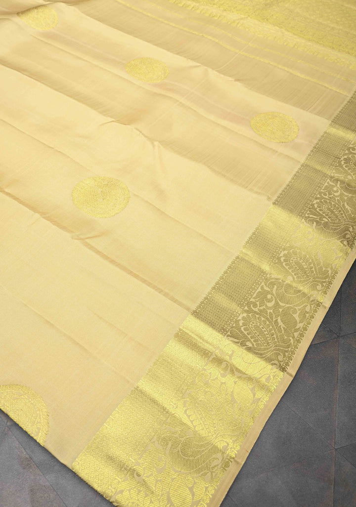 Beige Kanjivaram Pure Silk Saree With Peacock Distinct Motifs And Zari Border | SILK MARK CERTIFIED