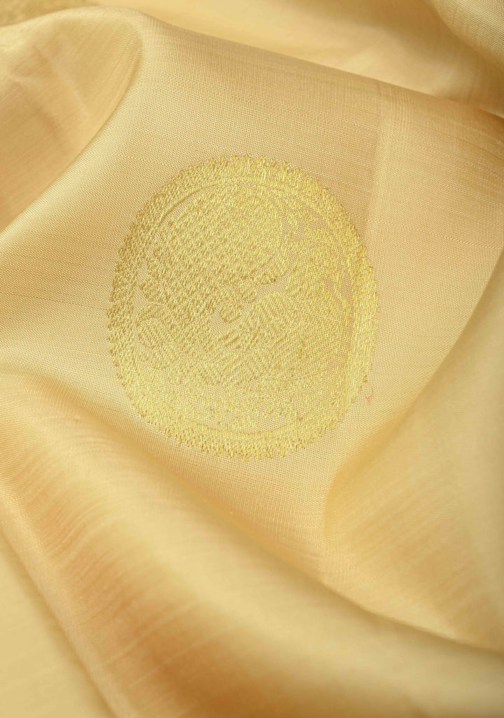 Beige Kanjivaram Pure Silk Saree With Peacock Distinct Motifs And Zari Border | SILK MARK CERTIFIED