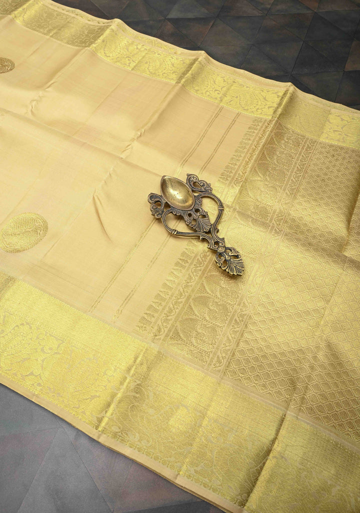 Beige Kanjivaram Pure Silk Saree With Peacock Distinct Motifs And Zari Border | SILK MARK CERTIFIED