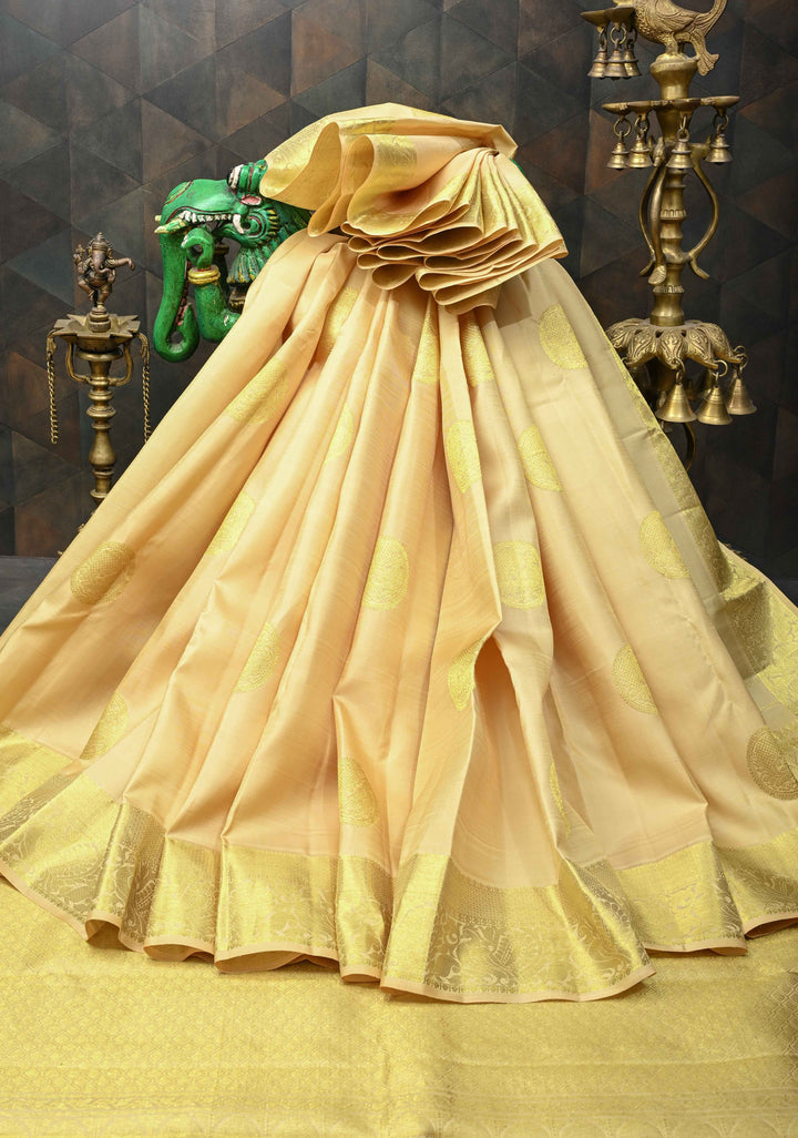 Beige Kanjivaram Pure Silk Saree With Peacock Distinct Motifs And Zari Border | SILK MARK CERTIFIED