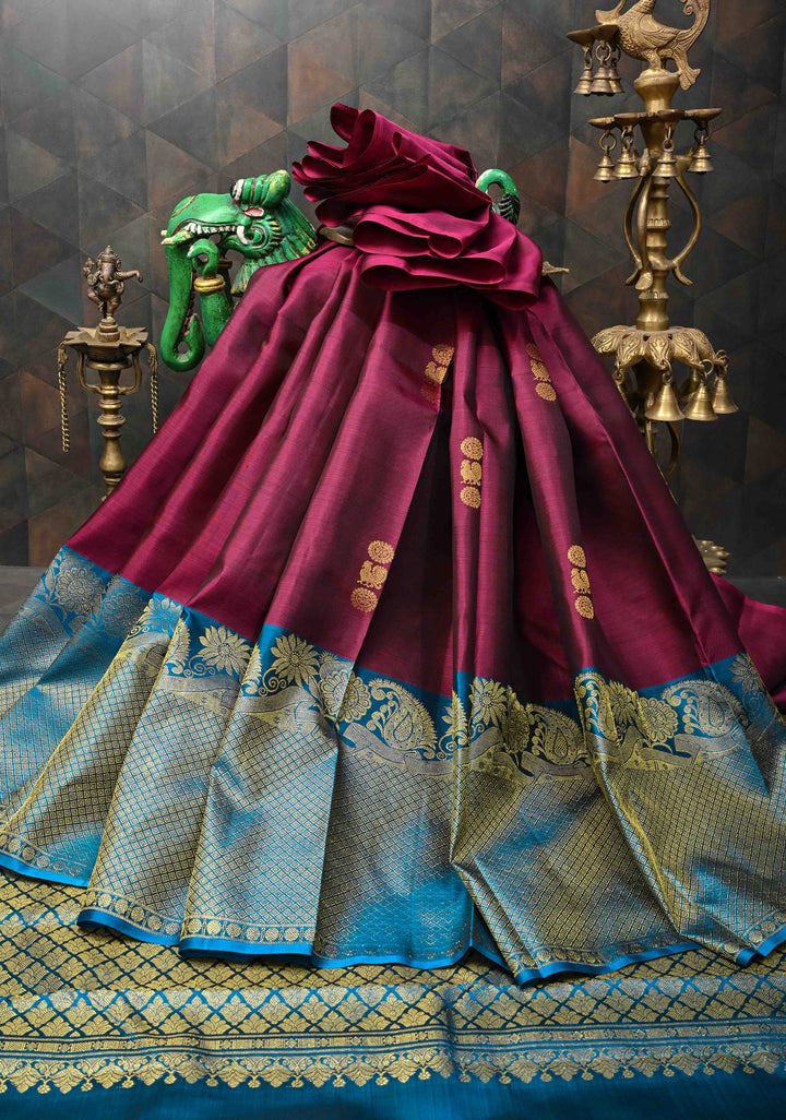 Maroon Kanjivaram Pure Silk Saree With Zari Buttas And Wide Zari Border | SILK MARK CERTIFIED